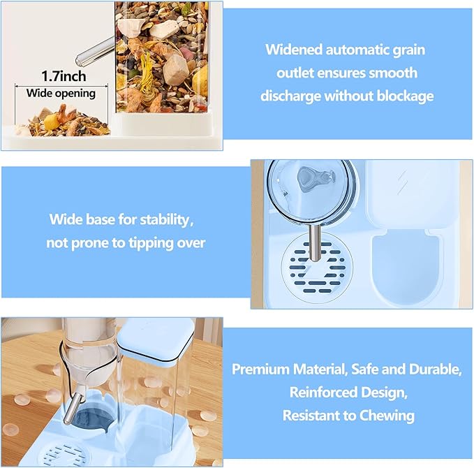 2-in-1 Hamster Water Bottle & Enhanced Food Dispenser - 35% Larger Food Capacity, Leak-Proof Design for Glass Tanks/Wire Cages Small Animal Accessories (Blue, 4.9IN+5.1IN+5.7 in)