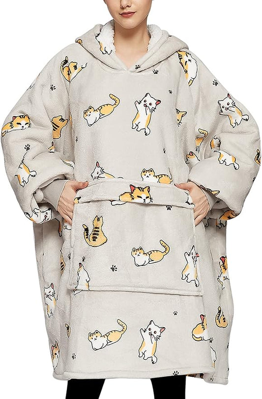 KFUBUO Wearable Blanket Hoodie for Adults Sherpa All Patterns Cat Oversized Sweatshirt Blanket with Pockets for Women