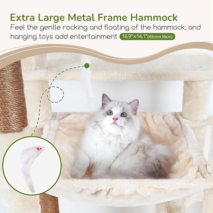 Globlazer Heavy Duty Cat Tree Tower, 70inch Sturdy Cat Tree for Indoor Cats Sturdy Large Cat Tower with Scratching Post and Scratching Board, Hammock, Cat Condo for Adult Cats Kittens, F70 Pro, Beige