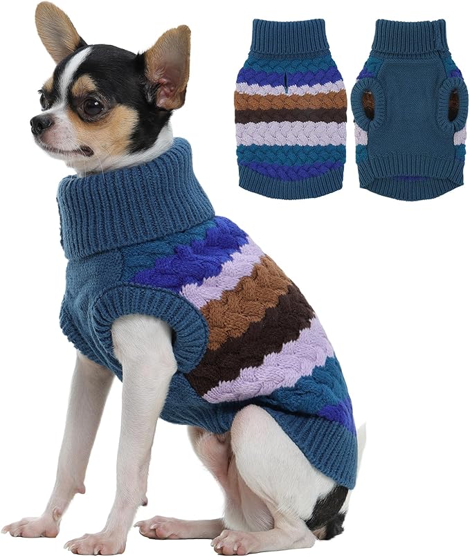 Kuoser Dog Sweater, XS Dog Sweater Pet Cable Knitted Pullover Warm Clothes, Puppy Turtleneck Classic Knitwear Soft Thickening Christmas Outfit, Cold Weather Thermal Wear for Small Dogs, Blue XS