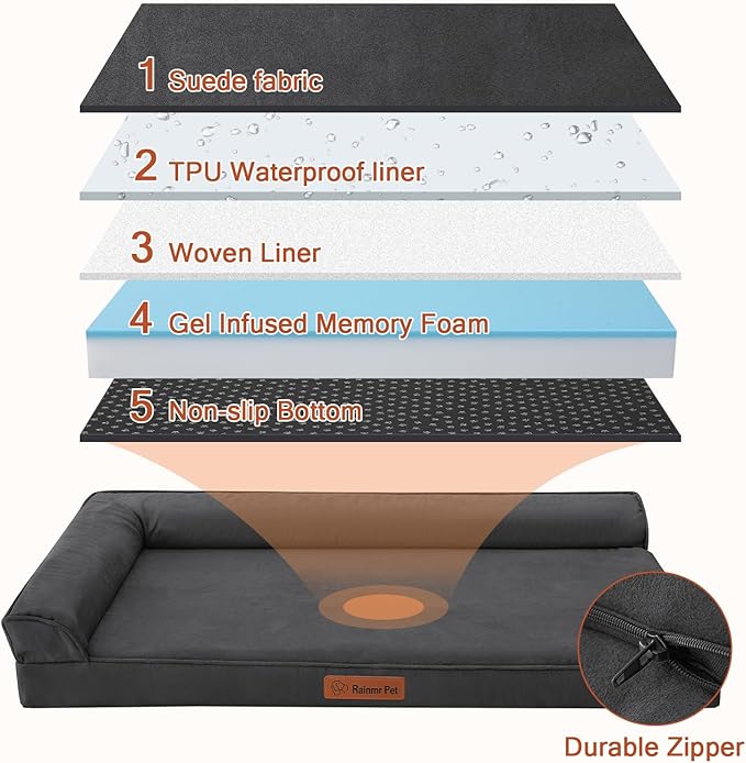 Orthopedic Dog Beds Large Sized Dog, Memory Foam Pet Bed for Medium and Large Dogs, Removable and Washable Microsuede Cover, TPU Waterproof Liner, Nonskid Bottom, 44x32x6 Inches, Dark Grey