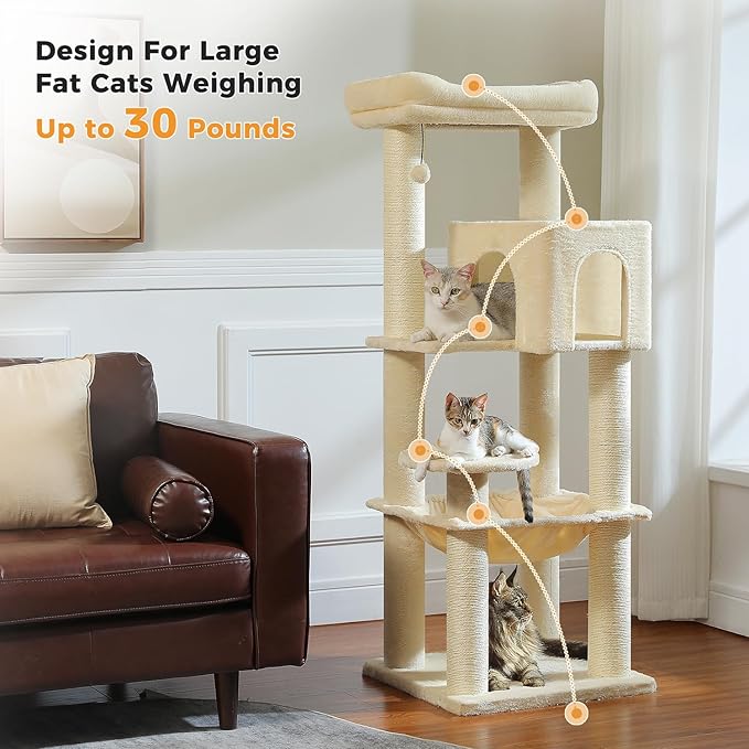 Large Cat Tree for Indoor Cats Large Adult, 57.8" Heavy Duty Cat Tower with 4 Reinforced Scratching Posts (φ3.7in) and Plush Larger Hammock for Maine Coon & Big Cats, Supports 30lbs, Beige