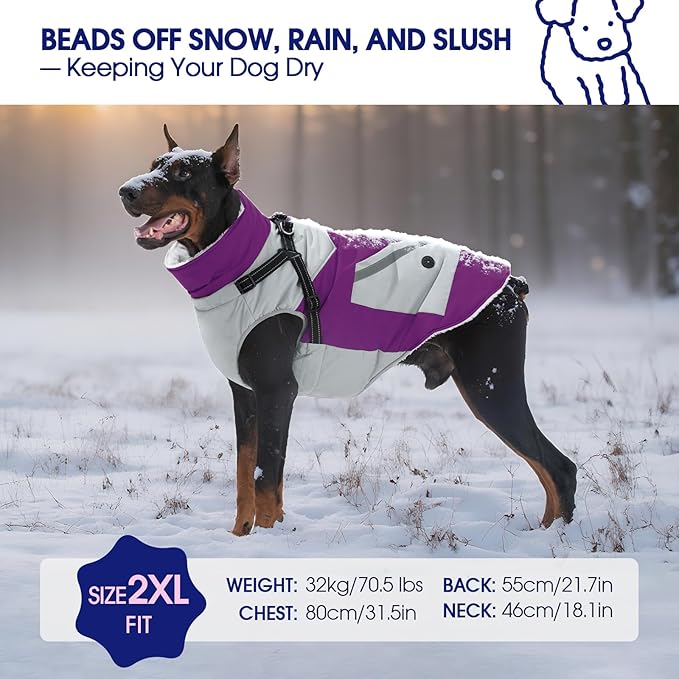 FUAMEY Dog Winter Jackets for Medium Dogs,Dog Coat with Harness Built in,Waterproof Dogs Snowsuits Warm Pet Jacket Zip Up Fleece Cold Weather Coats Reflective Puppy Vest with Pocket Purple M