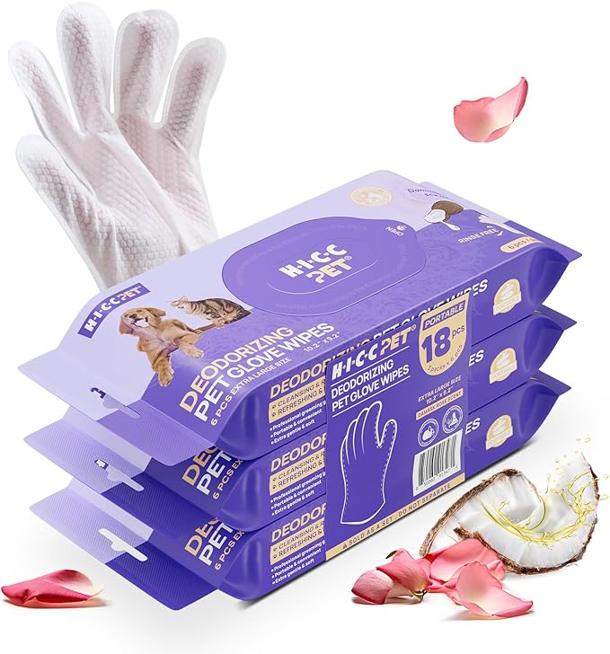 HICC PET Cleaning Deodorizing Glove Wipes for Dogs & Cats, Vet Recommended Hypoallergenic Pet Cleaning and Hydrating Glove Wipes, Nourish Fur Coconut Oil Pet Bathing Wipes for Horse Coat Care