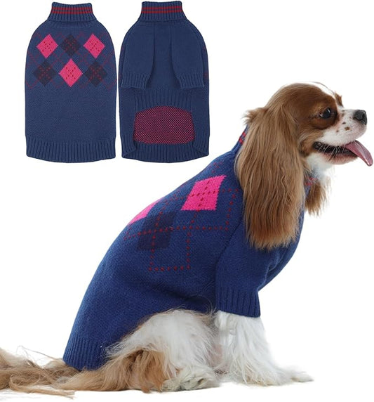 Boy Dog Sweater, Dog Sweaters for Medium Dogs Boy, Winter Warm Pullover, Turtleneck Knit Dog Christmas Sweater with Sleeves, Soft Stretchy Knitwear for Cold Weather, Holidays - Blue M