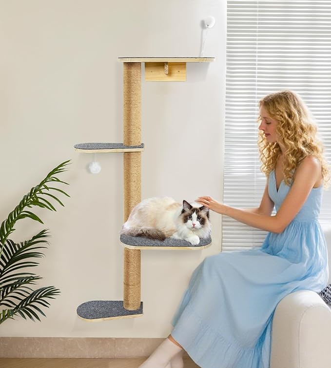 Wall Mounted Cat Tree for Kittens & Small Cats, 4-Tier Cat Wall Climber with Adjustable Grey Felt Platforms, Cat Shelves & Furniture, 49” Tall for Under 30lbs