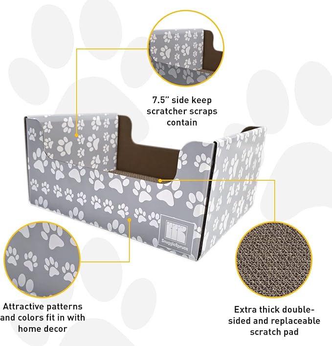 SnuggleSprunce 2-in-1 Cat Scratcher, Heavy Duty Scratching Toy, Eco-Friendly Cardboard Box with Refillable Double Sided Scratch Pad, for Cats and Kitty, Indoor Pet Furniture, Light Gray