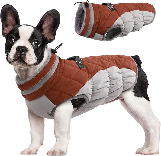 FUAMEY Dog Coat for Medium Dogs,Waterproof Dog Winter Jacket with Harness Built in Puppy Cold Weather Coats Reflective Pet Vest with Zipper Warm Fleece Dogs Snowsuit Windproof Brown M