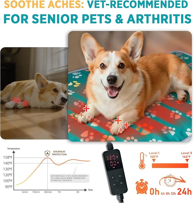 furrybaby Pet Heating Pad, Waterproof Dog Heating Pad Mat for Cat with Durable Anti-Bite Tube Indoor for Puppies Dogs Cats (1 Pack Green, Round 12in, Temp Adjustable)