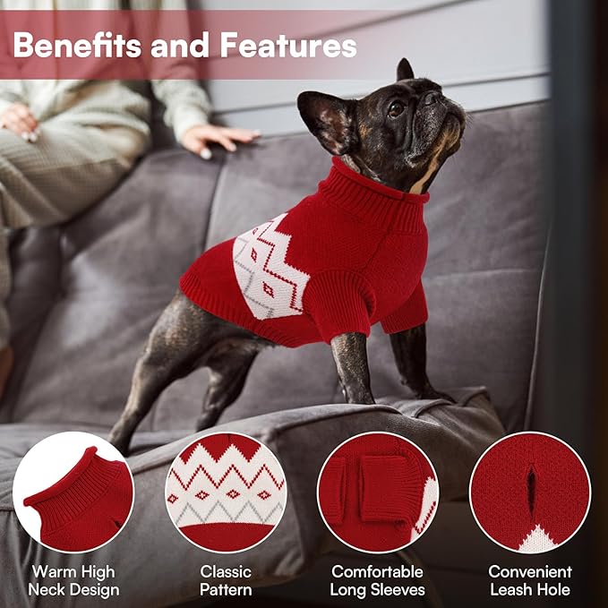 Queenmore Warm Dog Sweater, Soft Pet Knitwear, Knitted Pullover, Vlentines Day Gifts Winter Pet Clothes for Small Medium Dogs Cats Red