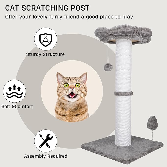 Cat Scratching Post 30 Inches Heavy Duty and Thicker Cat Scratching Post Sisal Rope with Hanging Ball and Flower Cat Perch for Indoor Cats and Adult(Grey)