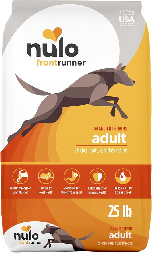 Nulo Frontrunner Ancient Grains High-Protein Dog Food, Chicken, Oats, & Turkey Recipe- Natural Dry Dog Food with Probiotics, Grain-Inclusive Kibble for Adult Dogs, 25 lb Bag