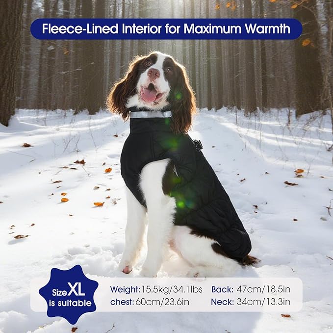 FUAMEY Dog Coat for Large Dogs,Waterproof Dog Winter Jacket with Harness Built in Puppy Cold Weather Coats Reflective Pet Vest with Zipper Warm Fleece Dogs Snowsuit Windproof Solid Black XL
