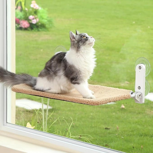 Zakkart Foldable Cat Window Perch - Cordless, Zip Closure, Machine Washable Sherpa Bed Cover, Robust Metal Frame - Cat Hammock for Window for Large Cats and Kittens (Brown, Large)