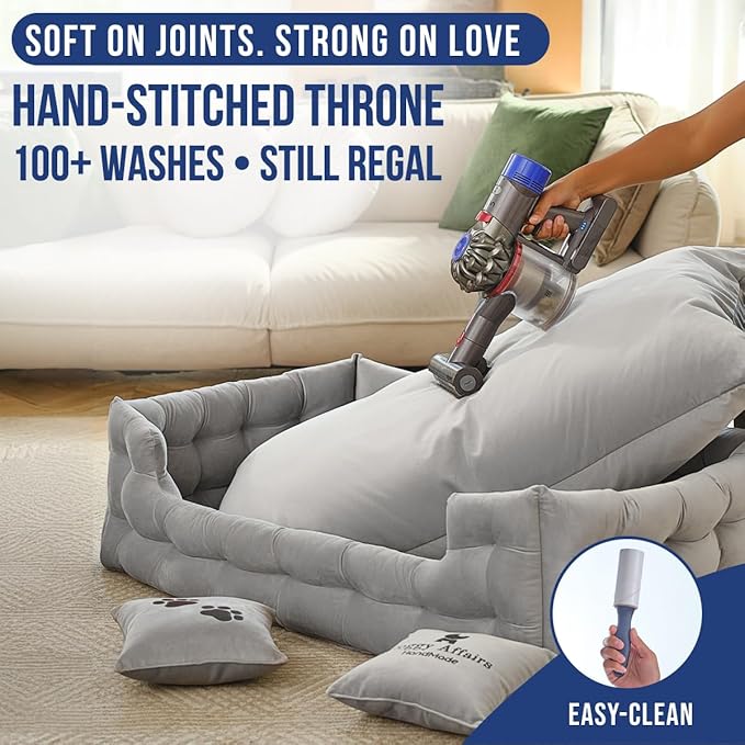 Luxury Dog Bed Chesterfield – Handcrafted Velvet Throne for Dogs | Joint Support, Calming & Temp-Regulating Comfort | Durable 5+ Years, Anti-Claw, Washable 100+ Times – XL, Grey