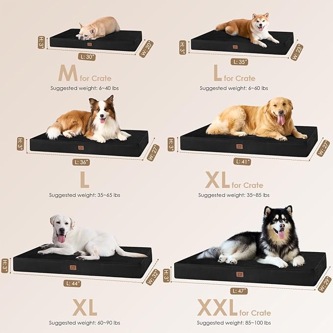EHEYCIGA Waterproof Dog Bed Memory Foam 41x27, Orthopedic Dog Beds Mat for Extra Large Dogs with Removable Cover, Black