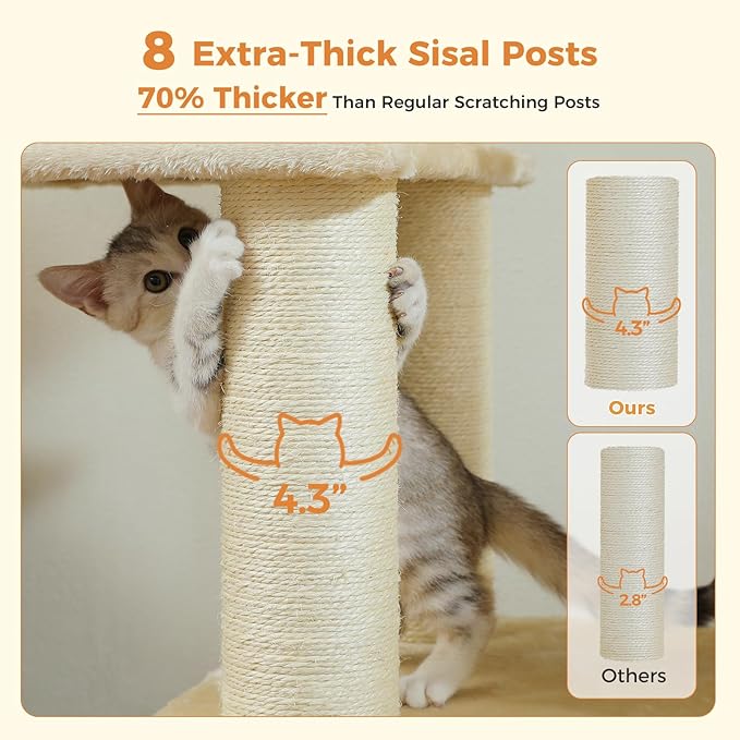 Large Cat Tree-67 Tall Cat Tower for Indoor Cats Large Adult with 7 Thick Sisal Scratching Posts (φ4.3), Multi-Level Condo, Big Perch & Hammocks for Maine Coon 20 lbs -Beige