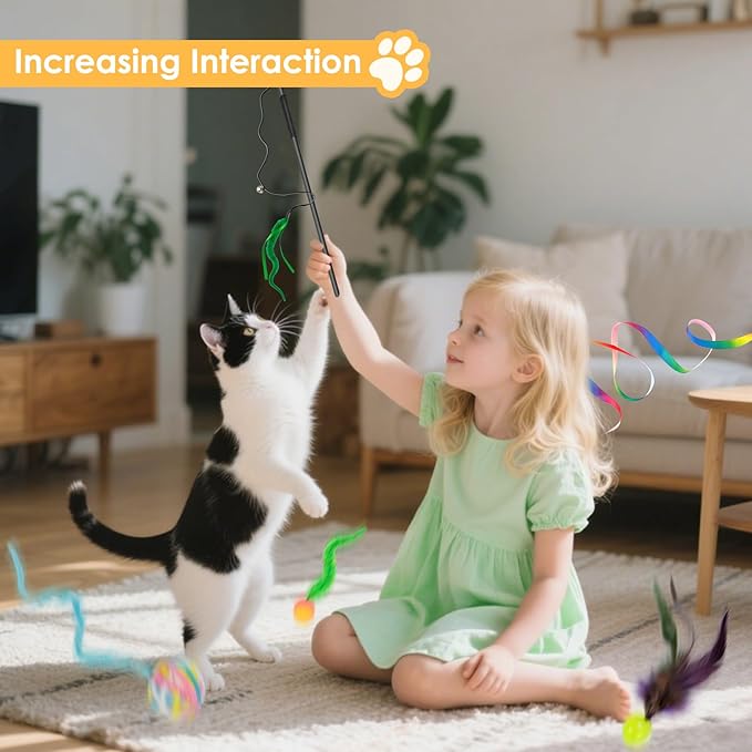 SHENGSEN Feather Wand Cat Toy,Bouncy Ball with Tail Cat Toys,Magic Worm with Large Colorful Ball Toy for Cats,Cat Feather Toys for Indoor Cats,Colorful Fuzzy Worm Bouncy Balls Cat Toy (ADM102-B-5A)