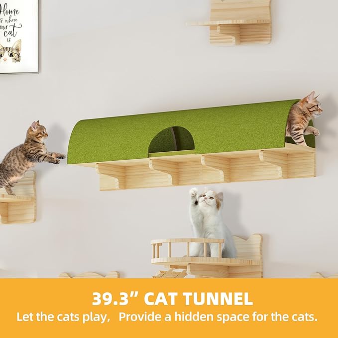 Wooden Cat Wall Shelves, Cat Wall Furniture Solid Wood Feline Shelf, 16 Piece Feline Shelves and Perches with Condos, House, Steps, Bridge Ladder, Scratching Post and Tunnel