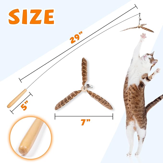 JXFUKAL Cat Wand Toys, Interactive Cat Toys with 3 Feather Refills, 29'' Flexible Steel Wire, Sturdy Wood Handle & Bell for Kitty Kitten, Cat Toys for Indoor Cats Teaser Cat String Toy