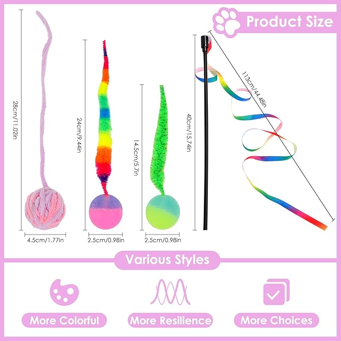 SHENGSEN Feather Wand Cat Toy,Bouncy Ball with Tail Cat Toys,Magic Worm with Large Colorful Ball Toy for Cats,Cat Feather Toys for Indoor Cats,Colorful Fuzzy Worm Bouncy Balls Cat Toy (ADM102-B-3B)