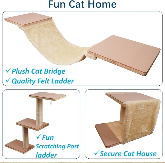Cat Shelves for Wall, Solid Wood Cat Wall Furniture, with Cat's House, Bed, Hammock, Sisal Scratching Post Ladder (Beige)
