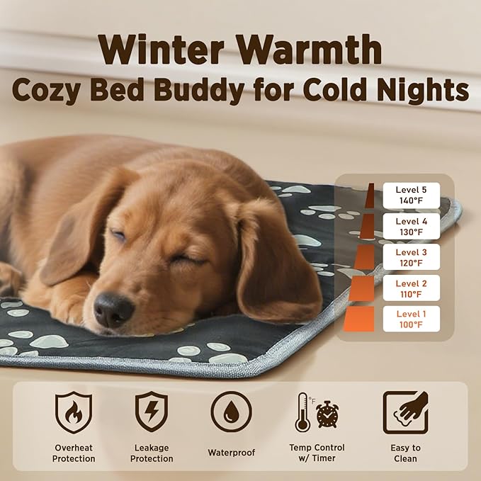 furrybaby Pet Heating Pad, Waterproof Dog Heating Pad Mat for Cat with Durable Anti-Bite Tube Indoor for Puppies Dogs Cats (1 Pack Black, 17 X 17in, Temp Adjustable)