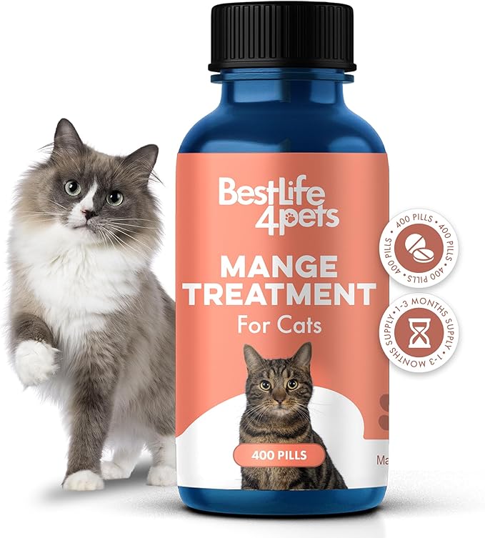 Mange Support for Cats, Natural Ear Mite & Cat Itchy Skin Relief, Relieves Welts, Scabs, Red and Flaky Skin, Shedding, Patchy Fur and Excessive Grooming, Total Cat Skin and Coat Care, 400 Tiny Pills