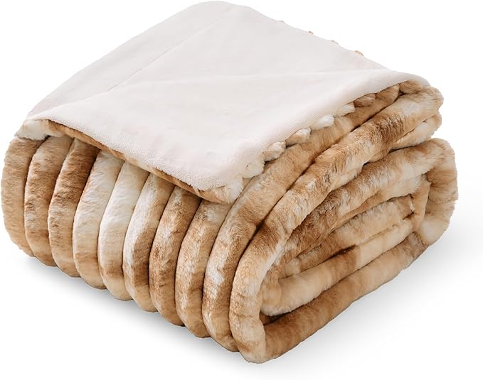 Amélie Home Faux Fur Throw Blanket for Couch, Cozy Fuzzy Fluffy Fur Luxurious Soft Striped Plush Gift Blankets for Family Sofa Chair Bedroom, 55"x70", Tie-dye Khaki
