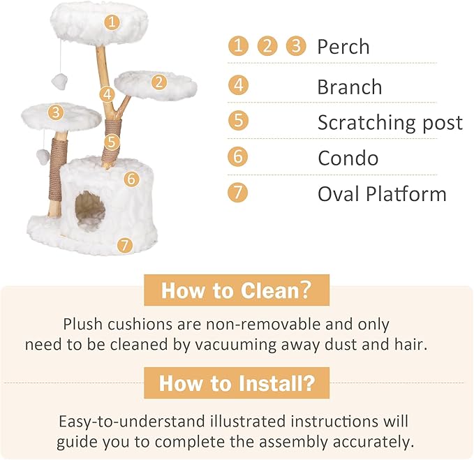 COZIWOW Cloud Cat Tree Tower, Solid Natural Wood Branches, Modern, Aesthetic, Unique, Cat-Approved, 34" L x 17.7" W x 41.7" H, White