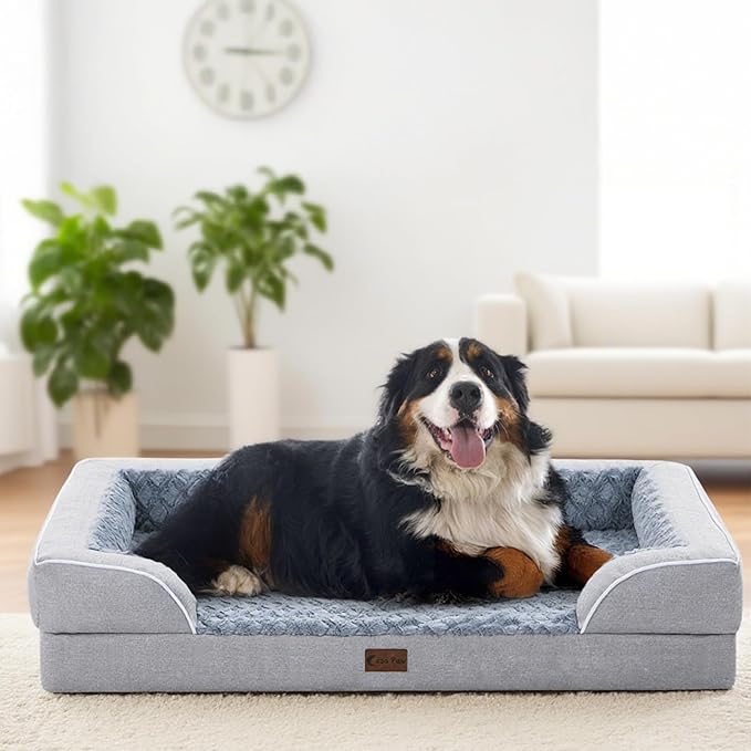 Orthopedic Dog Beds for Extra Large Sized Dogs, Waterproof Memory Foam XXL Pet Bed 48x30Inch, Non-Slip Bottom and Egg-Crate Foam Dog Couch Bed with Washable Removable Cover, Light Grey