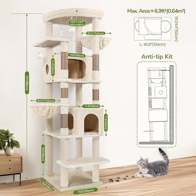 Globlazer Heavy Duty Cat Tree, 74in Sturdy Cat Tower for Large Cats Adult, Big Cat Tree with 5 Sisal Scratching Posts, 2 Padded Condos, 2 Dual-Ear Hanging Baskets, Enlarged Top Perch, S74, Beige