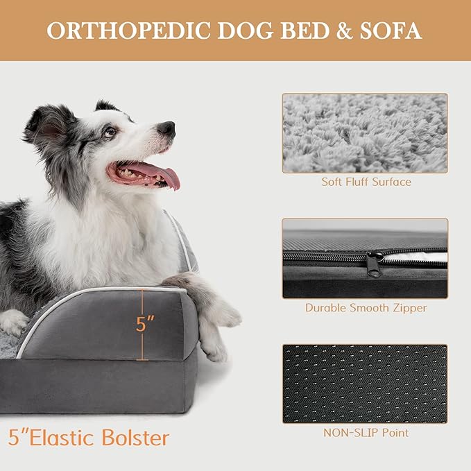 Comfort Expression Orthopedic Dog Bed for Large Dogs 36x27 Inch, Waterproof Supportive Egg Crate Foam Large Pet Bed with Removable Bolsters, Dog Couch with Washable Cover & Non-Slip Bottom, Dark Grey