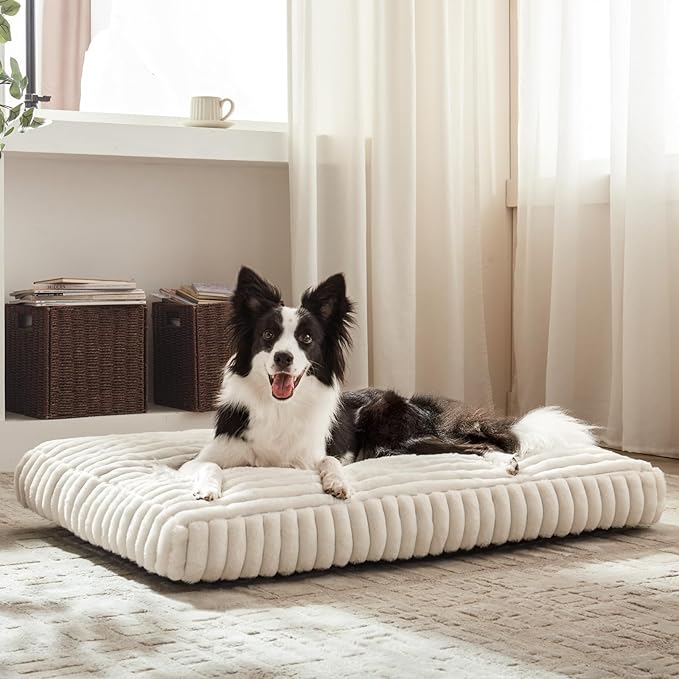 Dog Bed Medium Size Dog, Flat Pet Beds with Removable Washable Cover, Pet Mat Cute Crate Bed Thick Shredded Chopped Crate Foam & Anti Slip Bottom for Indoor, 29"x21"x3" Cream