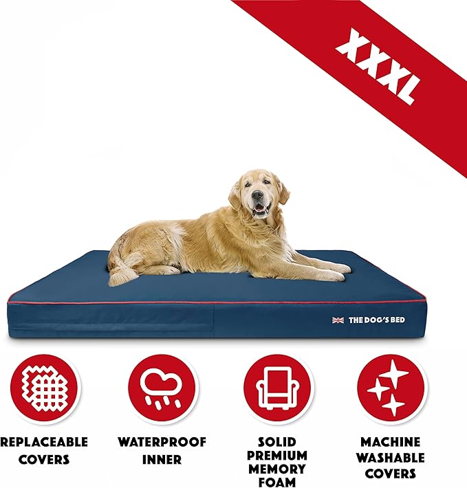 The Dog’s Bed Orthopedic Memory Foam Dog Bed, XXXL Blue Oxford with Red Trim UK Flag, Pain Relief for Arthritis, Hip & Elbow Dysplasia, Post Surgery, Supportive, Calming, Waterproof Washable