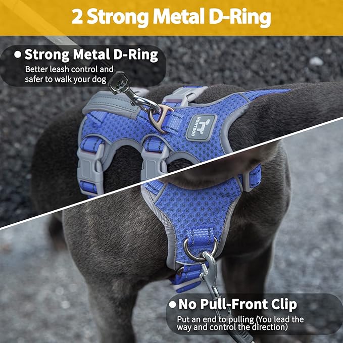 Huntboo Escape Proof Harness, No Slip Dog Harness Escape Proof,Fully Reflective Harness with Handle, Breathable,Durable, Adjustable Vest for Medium Dogs Walking,Training,and Running Gear(Vista Blue,M)