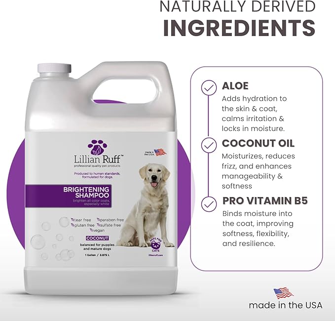 Lillian Ruff PRO Formula Ultra Brightening Dog Shampoo - Professional Whitening & Long-Lasting Odor Eliminator, Remove Stains & Discoloration, Dry Skin & Itch Relief - Aloe & Provitamin B5 Gallon+Pump