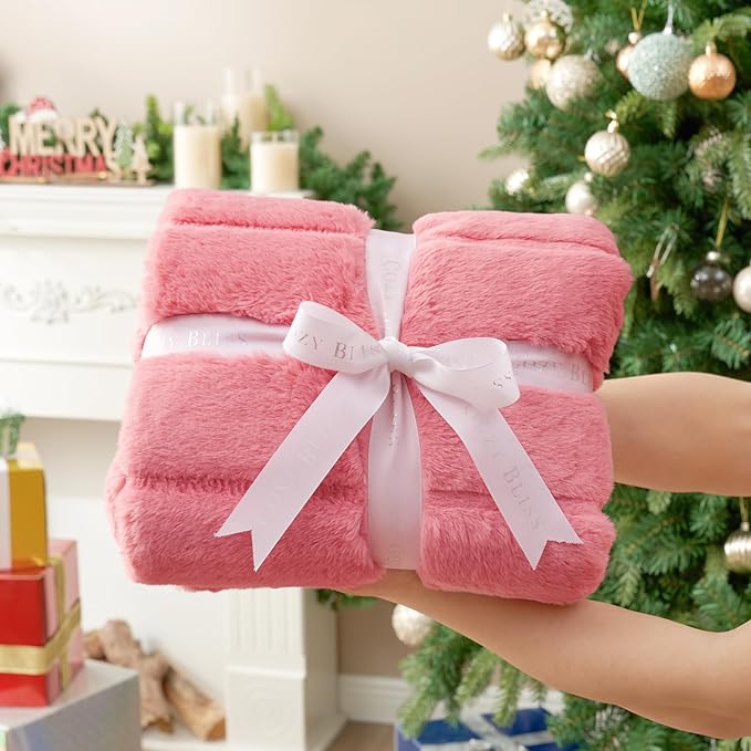 Cozy Bliss Faux Fur Throw Blanket for Couch, Cozy Warm Plush Striped Blanket for Sofa Bedroom Living Room, 60 * 80 Inches Pink