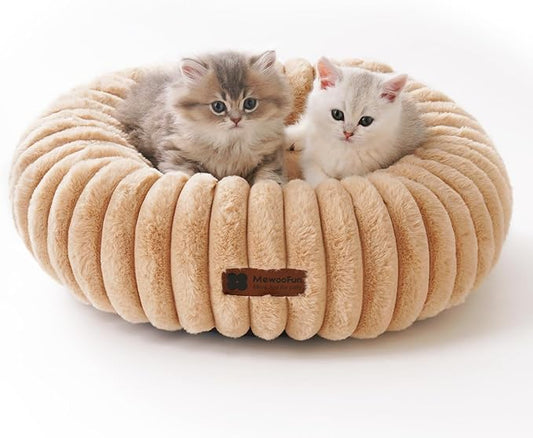 MEWOOFUN Cat Bed, Washable Beds for Indoor Cats, Cute Donut Bed Fluffy Pet Bed with Non-Slip Bottom, Calming Round Bed for Puppy and Kitten (Light Brown)