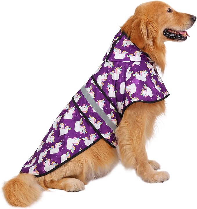 HDE Dog Raincoat Jacket Reflective Adjustable Hooded Pet Poncho Rain Coat with Leash Hole for Small to X-Large Dogs Purple Unicorn Ducks - L