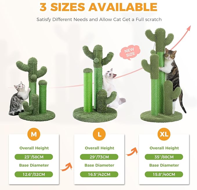 PAWZ Road Cat Scratching Post Cactus Cat Scratcher Featuring with 3 Scratching Poles and Interactive Dangling Ball - 35 Inches