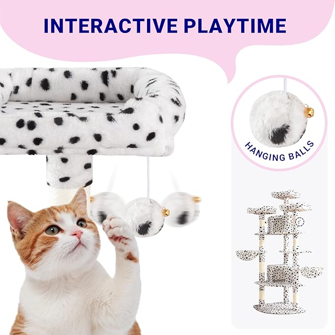 Allewie 73in Fan-Shaped Space-Saving Corner Cat Tower/Multi-Level Tall Cat Tree for Indoor Kitties/Cozy Baskets/Condos/House/Perches/Sisal Scratching Posts/Pet Activity Center/White & Black Spot