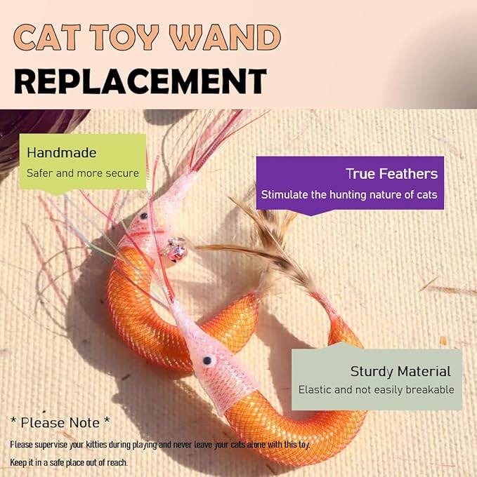 Cat Insect Feather Toys Replacement - 2 Pcs Handmade Natural Shrimps - Cat Toy Wand Refills - Interactive Kitten Teaser Wand Attachments - Kitty Toys for Indoor Cats Play