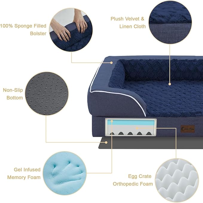 Orthopedic XL Dog Beds, Waterproof Memory Foam Big Pet Bed for Extra Large Sized Dogs 45x35Inch, Non-Slip Bottom and Egg-Crate Foam Dog Couch Bed with Washable Removable Cover, Navy Blue