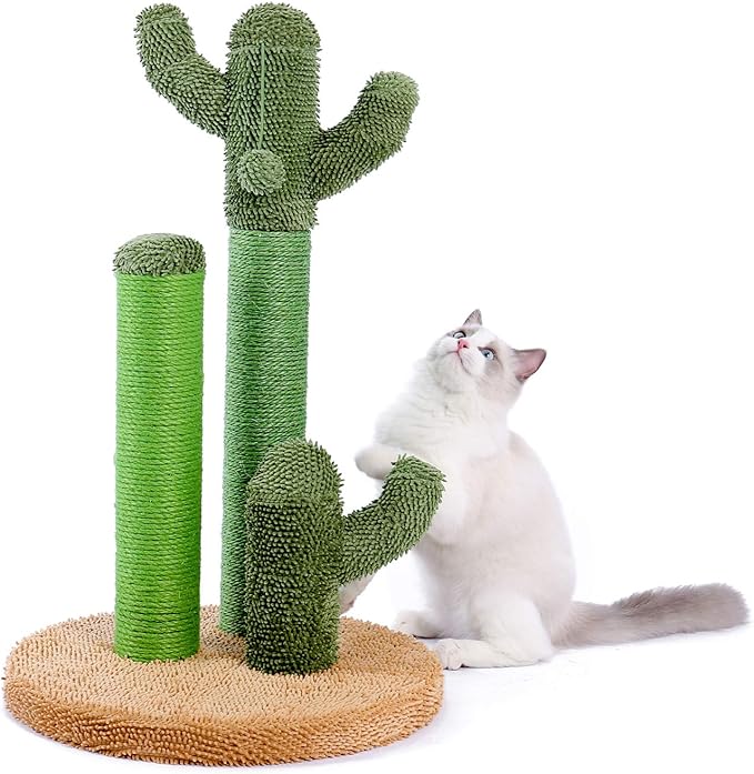 PAWZ Road Cat Scratching Post Cactus Cat Scratcher Featuring with 3 Scratching Poles and Interactive Dangling Ball -Large 27 Inches