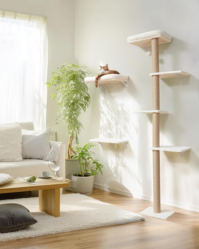 FUKUMARU Cat Wall Shelves, Stable 3-in-1 Wall Mounted Cats Furniture Set, Kitten Scratching Post with Soft Cushion Perch, Space Saving Climbing Wall for 16 Inch Drywall - Beige