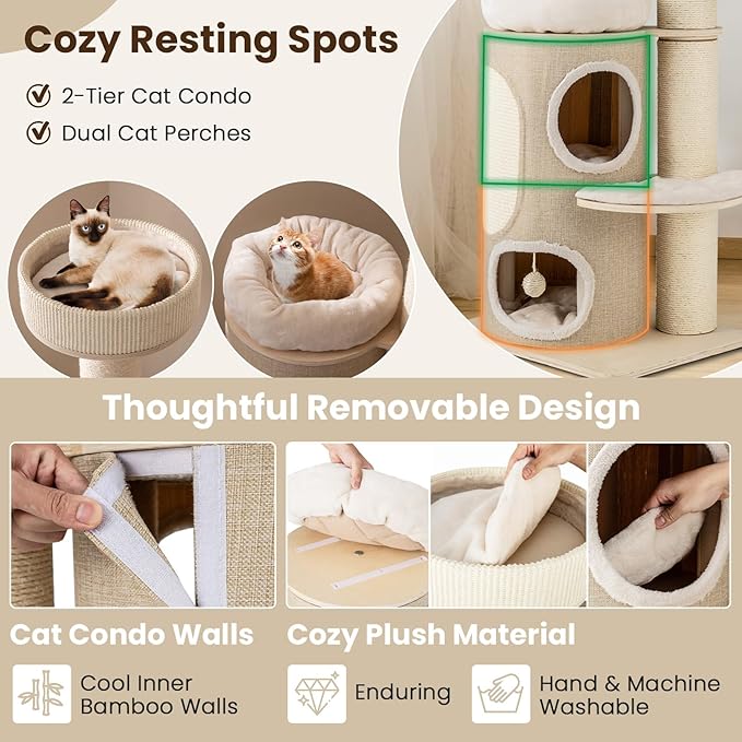 PETSITE 61 inch Cat Tree Tower, Multi-Level Wooden Cat Tower with Sisal Scratching Posts & Board, 2-Tier Condo, 2 Perches, Side Basket, and Interactive Sisal Ball