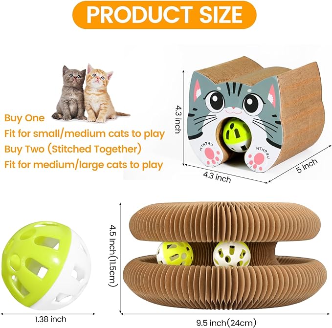 Upgraded Kitty Kurlz Cat Scratcher Board Toy with 2 Balls for Mental & Physical Exercise, Multi-Shape Interactive Cardboard Cat Toy for Indoor Kittens/Cats Infinite-Flip with Fun, Brown/Gray, 1 Pack