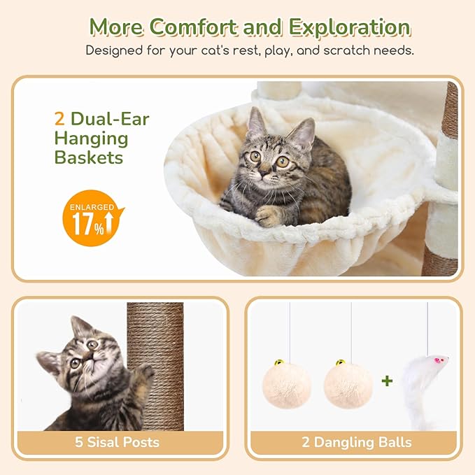 Globlazer Heavy Duty Cat Tree, 74in Sturdy Cat Tower for Large Cats Adult, Big Cat Tree with 5 Sisal Scratching Posts, 2 Padded Condos, 2 Dual-Ear Hanging Baskets, Enlarged Top Perch, S74, Beige