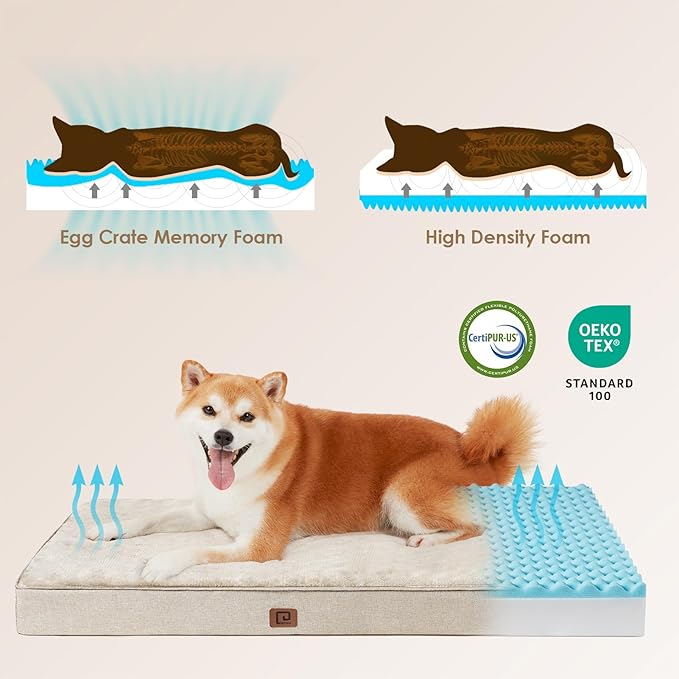 EHEYCIGA Waterproof Dog Bed Memory Foam 41x27, Orthopedic Dog Beds Mat for Extra Large Dogs with Removable Cover, Beige